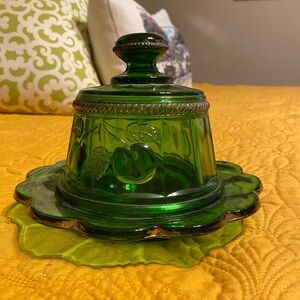 Green Glass Butter Dish with Lid